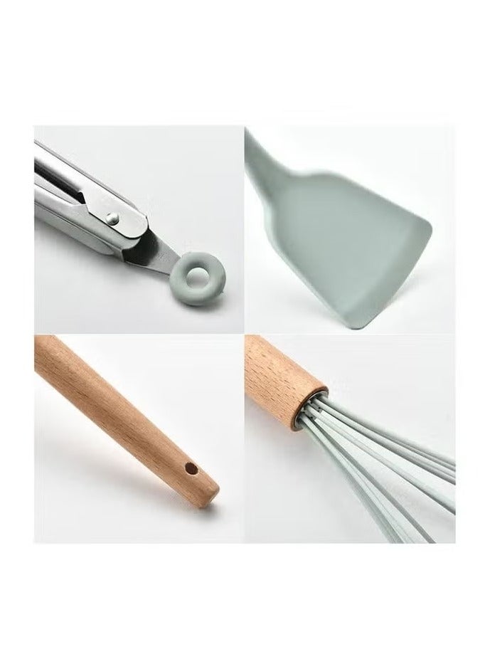 Raxoom 11-Piece Wooden Handle Bucket Cookware Spoon Set Premium Mint Green Kitchen Utensils for Cooking, Stirring, and Serving – Durable, Heat-Resistant, Non-Scratch Wooden Handles, Ideal for Non-Stick Cookware. - Image 1