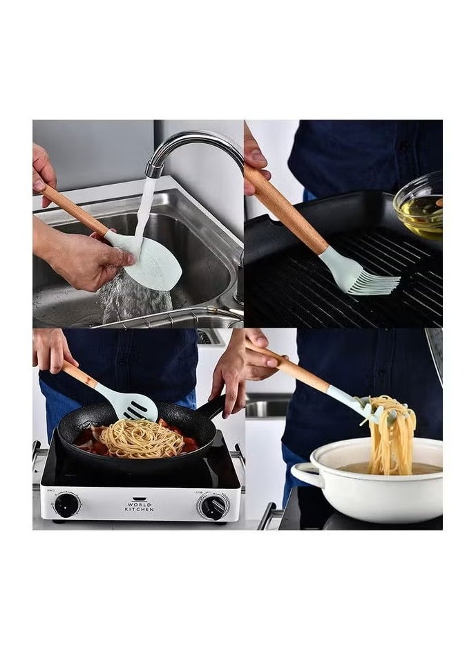 Raxoom 11-Piece Wooden Handle Bucket Cookware Spoon Set Premium Mint Green Kitchen Utensils for Cooking, Stirring, and Serving – Durable, Heat-Resistant, Non-Scratch Wooden Handles, Ideal for Non-Stick Cookware. - Image 2
