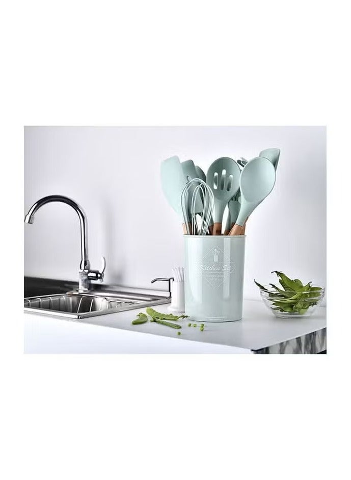 Raxoom 11-Piece Wooden Handle Bucket Cookware Spoon Set Premium Mint Green Kitchen Utensils for Cooking, Stirring, and Serving – Durable, Heat-Resistant, Non-Scratch Wooden Handles, Ideal for Non-Stick Cookware. - Image 3