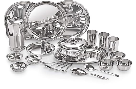 RJ kitchenware Store Stainless Steel Premium 55 pcs Dinner Set Combo Pack Dinner thali Set Glass Set Bowl Set Spoons - Image 1