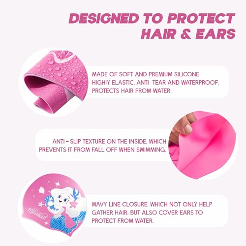 Konex Waterproof Silicone Swimming Cap for Kids | Snug Fit, Anti-Tear & Stretchable | Gentle on Skin with Full Head Coverage & Hair Protection -(Pink) - Image 2