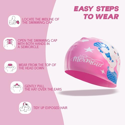 Konex Waterproof Silicone Swimming Cap for Kids | Snug Fit, Anti-Tear & Stretchable | Gentle on Skin with Full Head Coverage & Hair Protection -(Pink) - Image 4