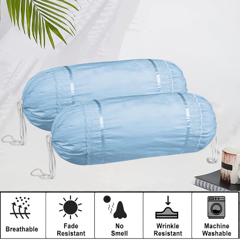 Kuber Industries Kuber Industries Bolster Covers | Cotton Bolster Cover Set | Diwan Bolster Cover Set | Plain Lace Print Masand Cover | 16x32 Inch | Pack of 2 | Sky Blue - Image 5