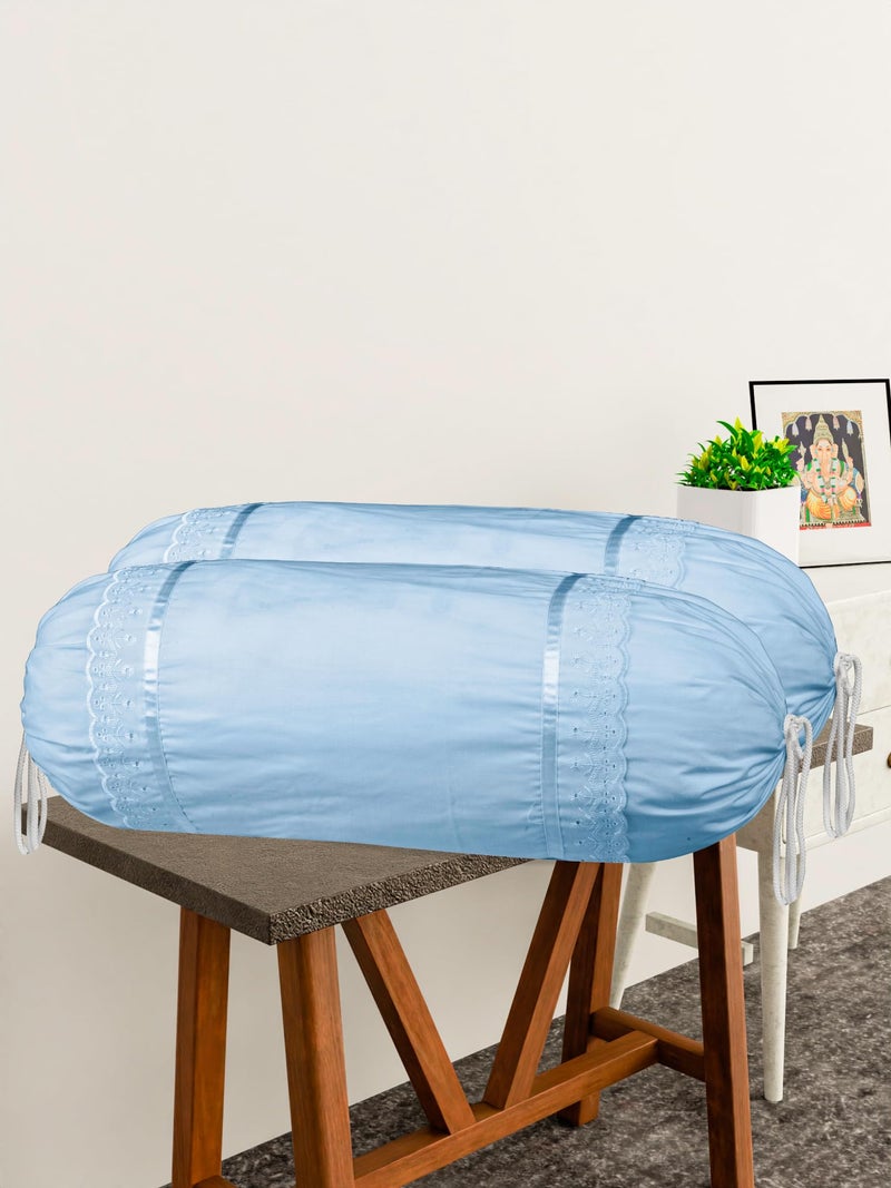 Kuber Industries Kuber Industries Bolster Covers | Cotton Bolster Cover Set | Diwan Bolster Cover Set | Plain Lace Print Masand Cover | 16x32 Inch | Pack of 2 | Sky Blue - Image 2