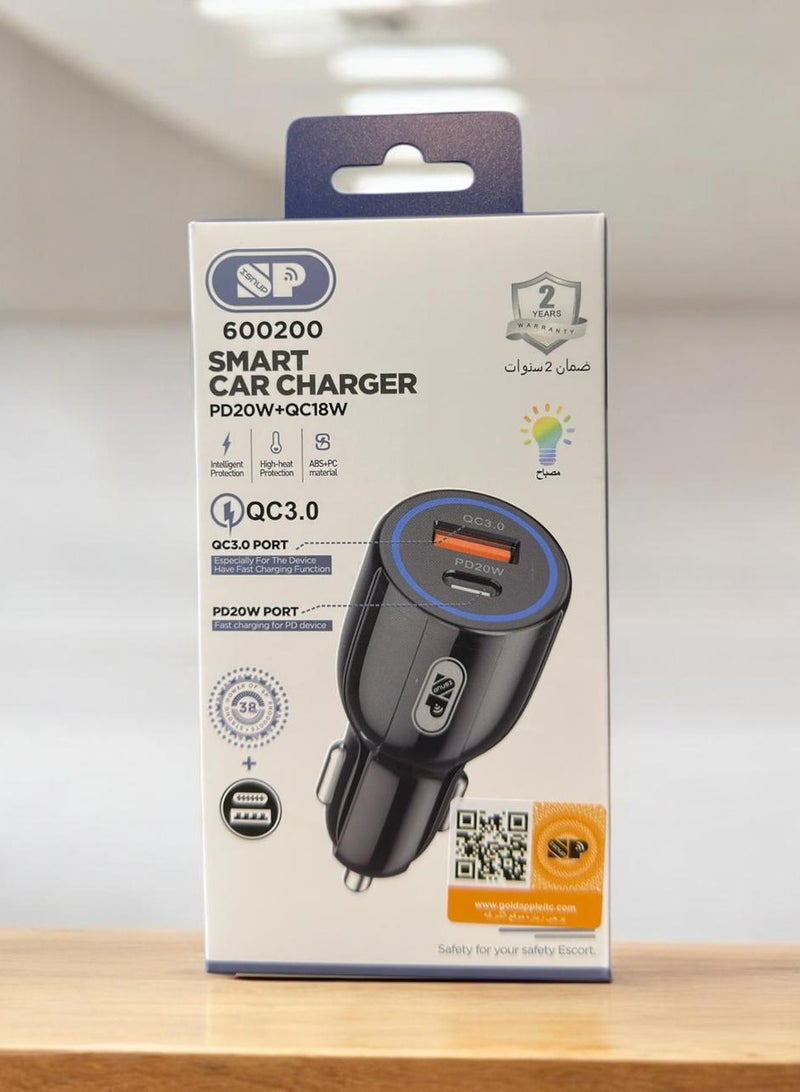 أس بي شاحن سيارة ذكي سريع QC3.0 PD20W+QC18W مع ​​منفذين متوافقين - Image 1