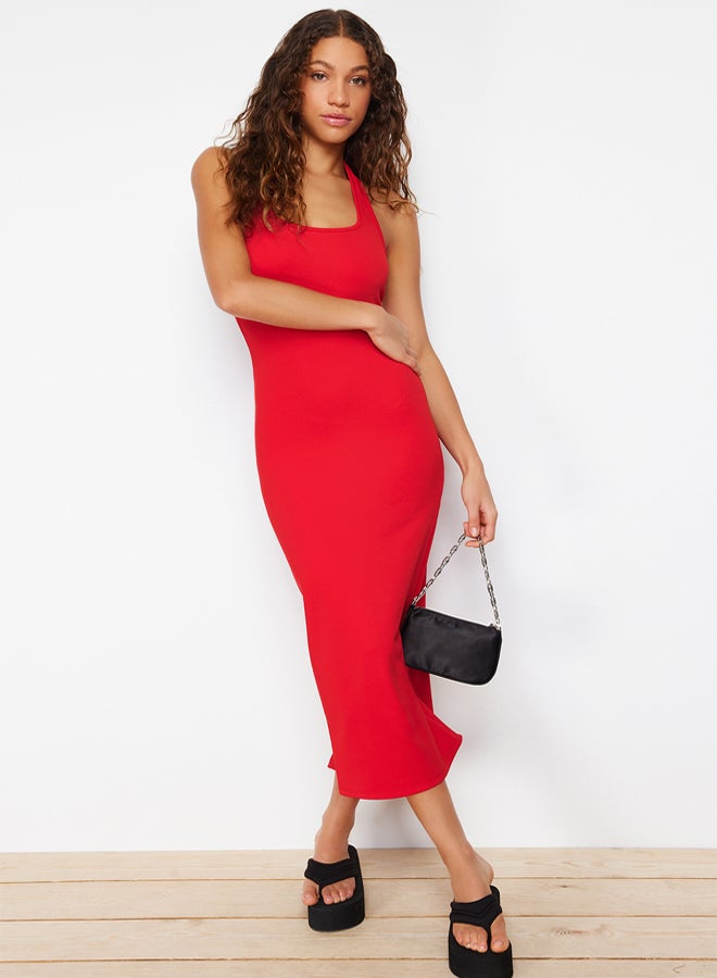 trendyol Red Fitted Square Neck Ribbed Stretchy Knitted Maxi Pencil Dress - Image 1