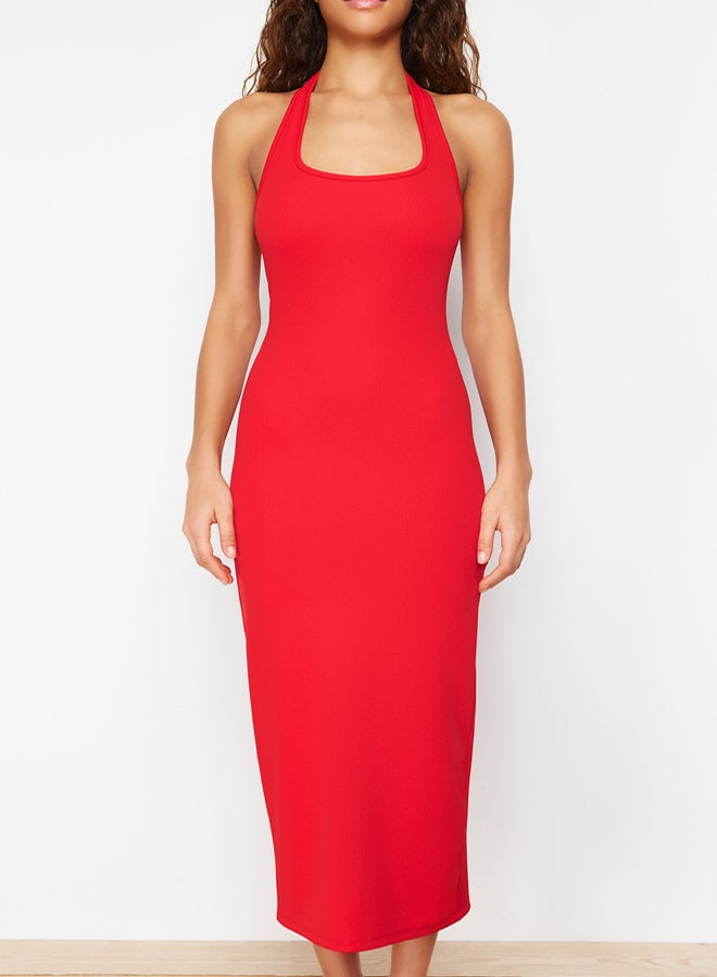 trendyol Red Fitted Square Neck Ribbed Stretchy Knitted Maxi Pencil Dress - Image 4