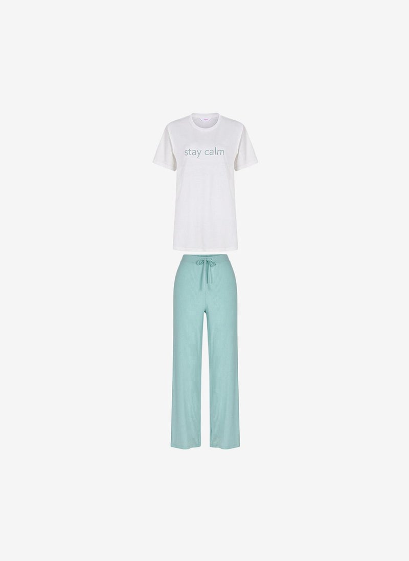 Women Mama Stay Calm Short Sleeve Trousers Mint/Green Set