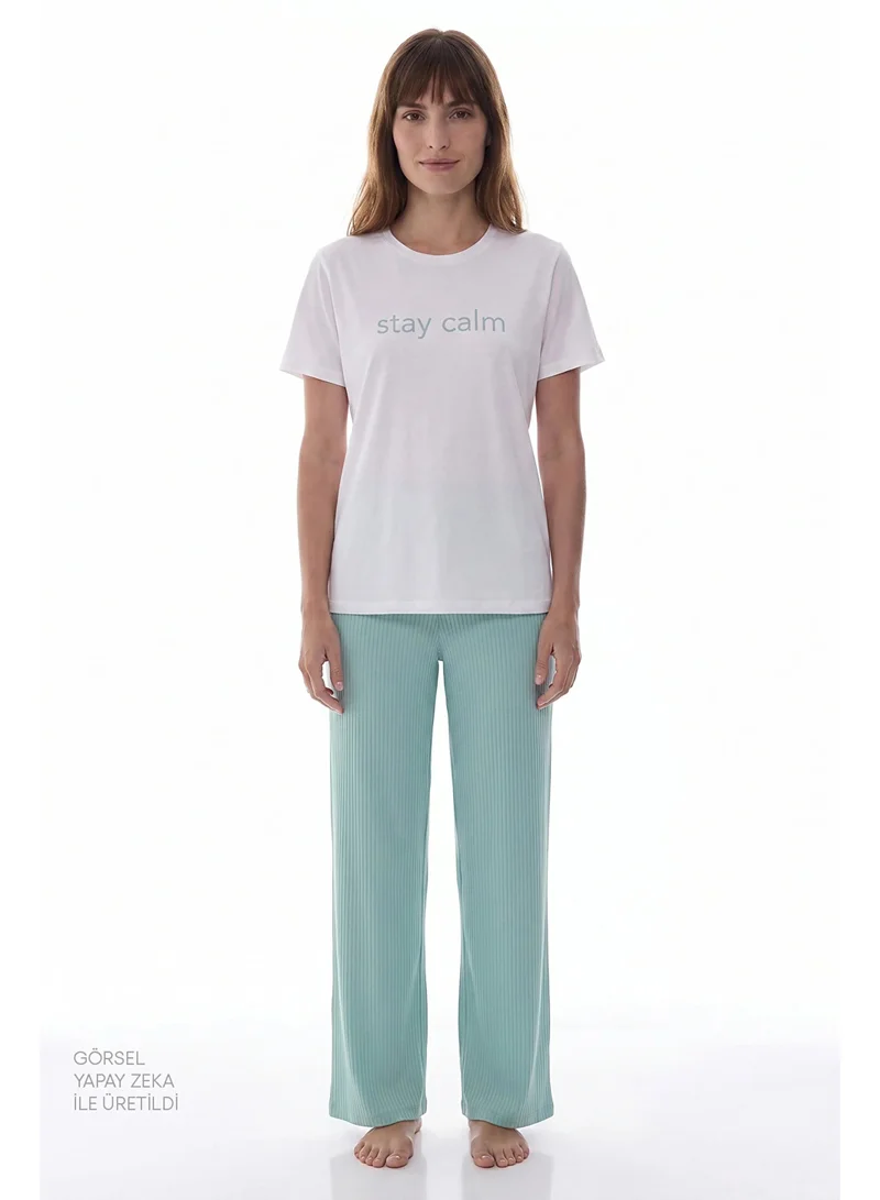 بنتي Women Mama Stay Calm Short Sleeve Trousers Mint/Green Set