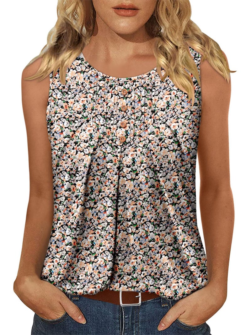 CRAZY GRID Womens Casual Top Sleeveless Crew Neck Tank Tops Flowy Loose Fit Summer Shirts Floral Printed Khaki Blue X-Large - Image 2