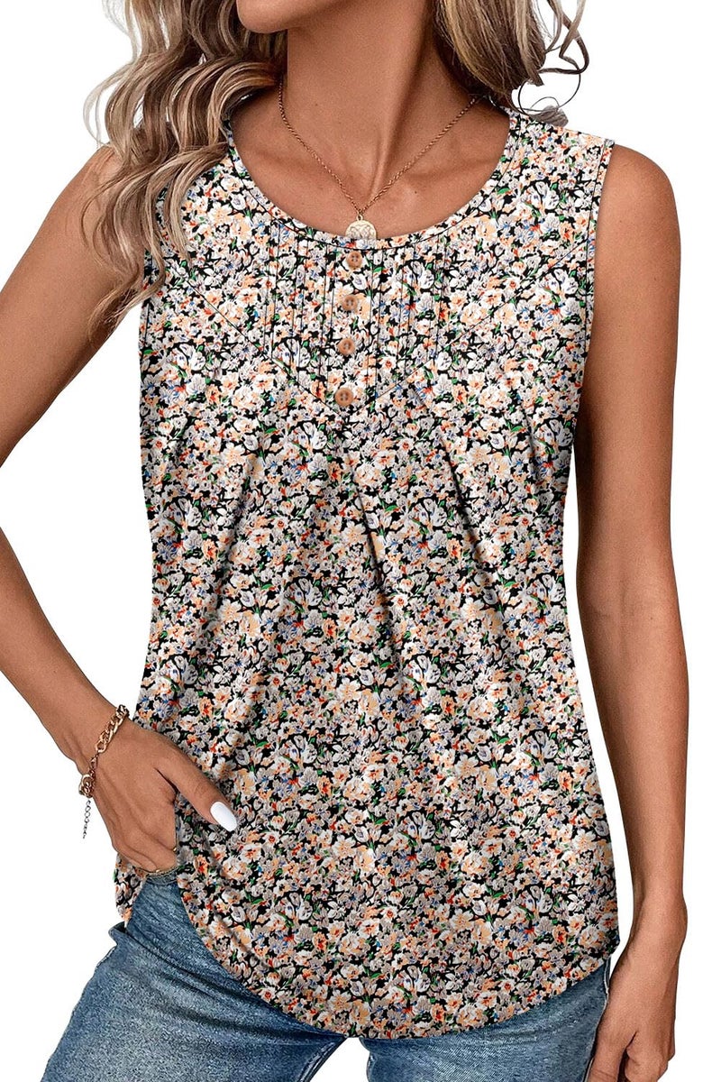 CRAZY GRID Womens Casual Top Sleeveless Crew Neck Tank Tops Flowy Loose Fit Summer Shirts Floral Printed Khaki Blue X-Large - Image 4