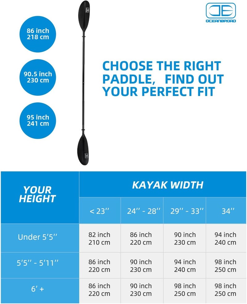 OCEANBROAD Kayak Paddle 86in/218cm, 90.5in/230cm, 95in/241cm Alloy Shaft Kayaking Boating Canoeing Oar with Paddle Leash - Image 2