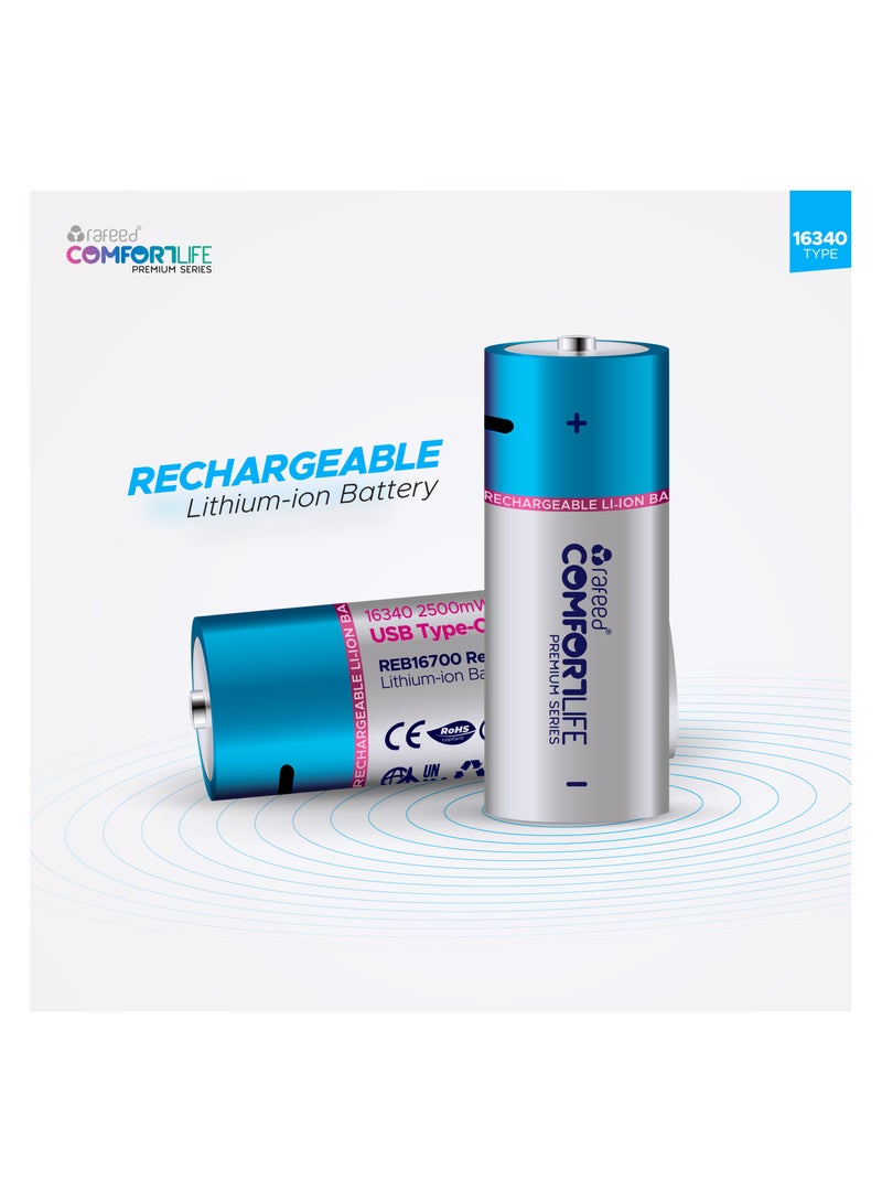 Rafeed 16340 Rechargeable batteries set/2, lithium-ion, Type-C charging 5VDC/320mA, with 2in1 cable, 3.7V, 700mAh, 2500mWh - Image 1