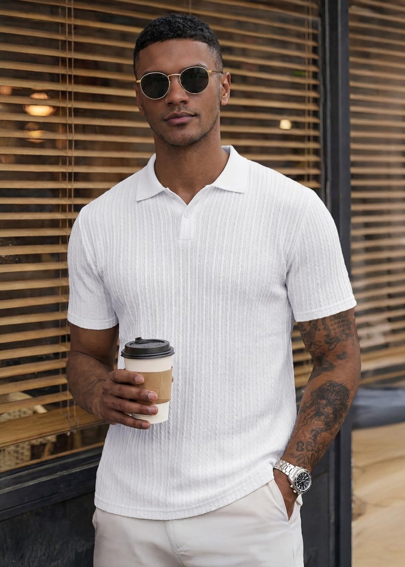 JMIERR Mens Polo Shirt Short Sleeve Casual Fashion Vintage Shirts Button Down Knit Golf Men Gift, L, White - Image 4