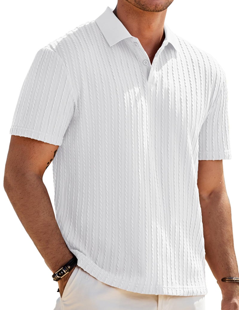 JMIERR Mens Polo Shirt Short Sleeve Casual Fashion Vintage Shirts Button Down Knit Golf Men Gift, L, White - Image 1