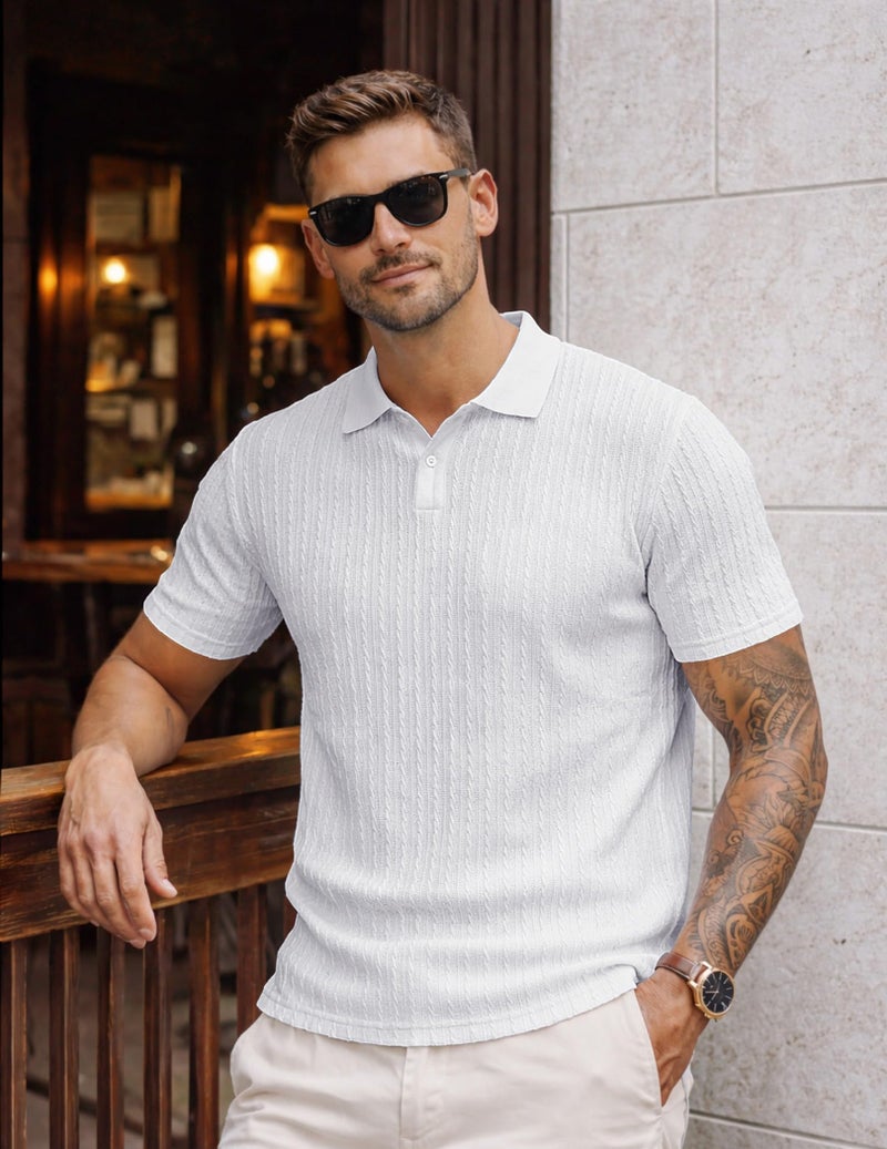 JMIERR Mens Polo Shirt Short Sleeve Casual Fashion Vintage Shirts Button Down Knit Golf Men Gift, L, White - Image 2