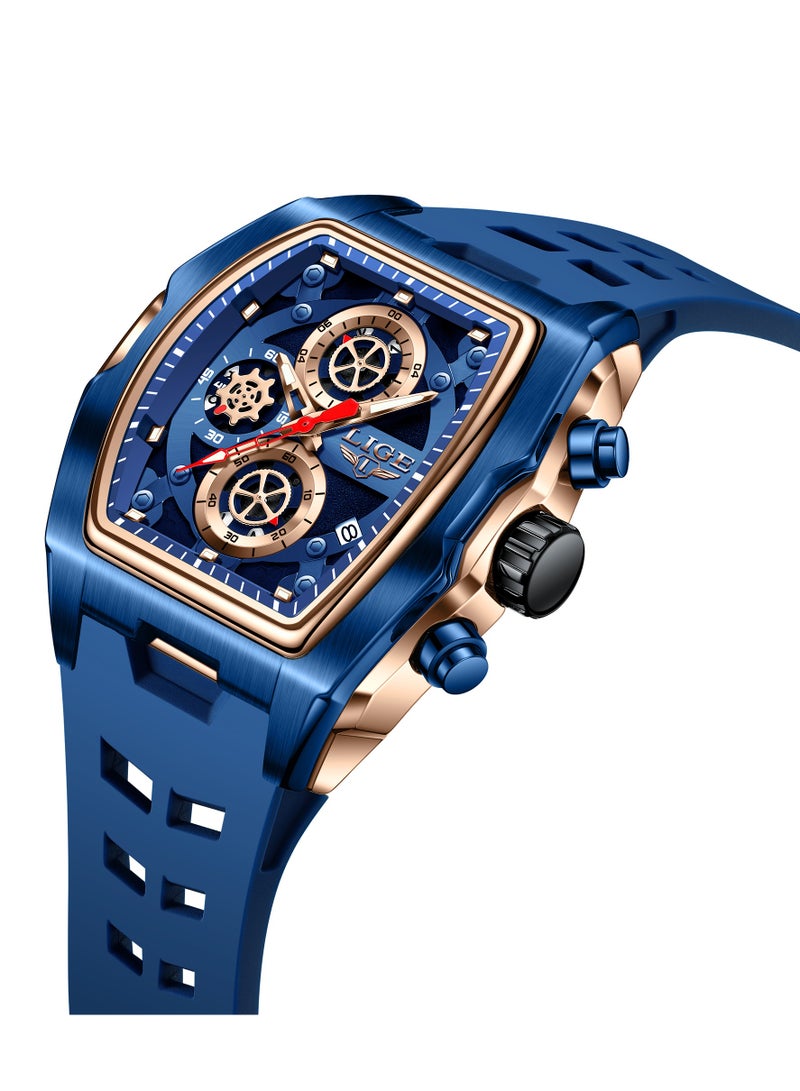 لييج ساعة كرونوغراف أنيقة للرجال للأعمال مقاومة للماء بحزام من السيليكون وميناء متعدد الوظائف باللون الذهبي الوردي والأزرق - Image 2