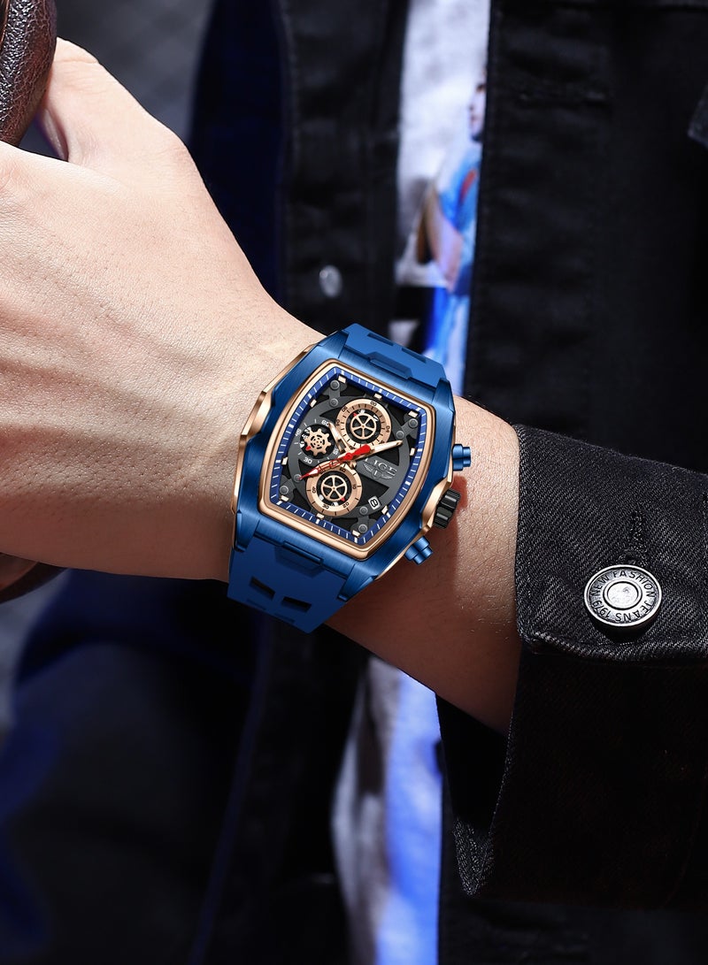 لييج ساعة كرونوغراف أنيقة للرجال للأعمال مقاومة للماء بحزام من السيليكون وميناء متعدد الوظائف باللون الذهبي الوردي والأزرق - Image 3