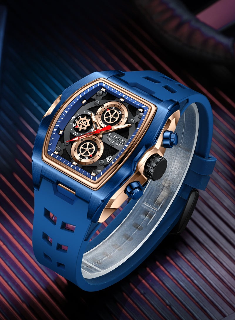 لييج ساعة كرونوغراف أنيقة للرجال للأعمال مقاومة للماء بحزام من السيليكون وميناء متعدد الوظائف باللون الذهبي الوردي والأزرق - Image 4