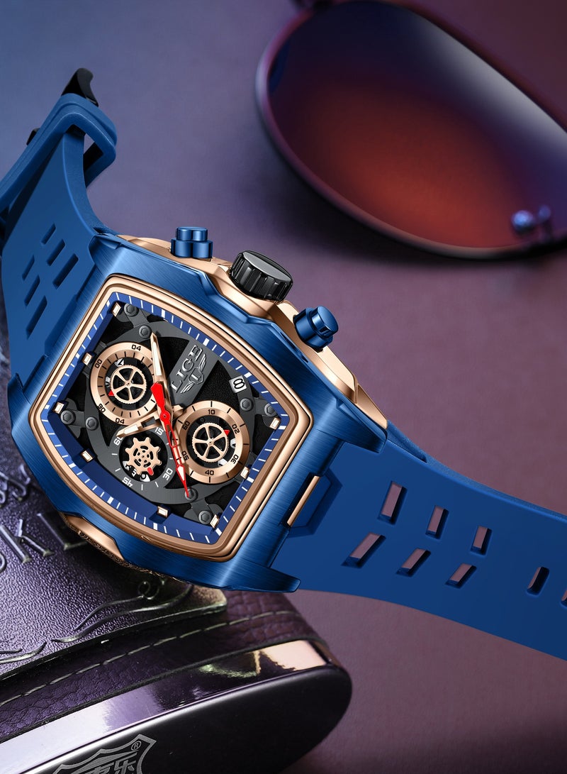 لييج ساعة كرونوغراف أنيقة للرجال للأعمال مقاومة للماء بحزام من السيليكون وميناء متعدد الوظائف باللون الذهبي الوردي والأزرق - Image 5