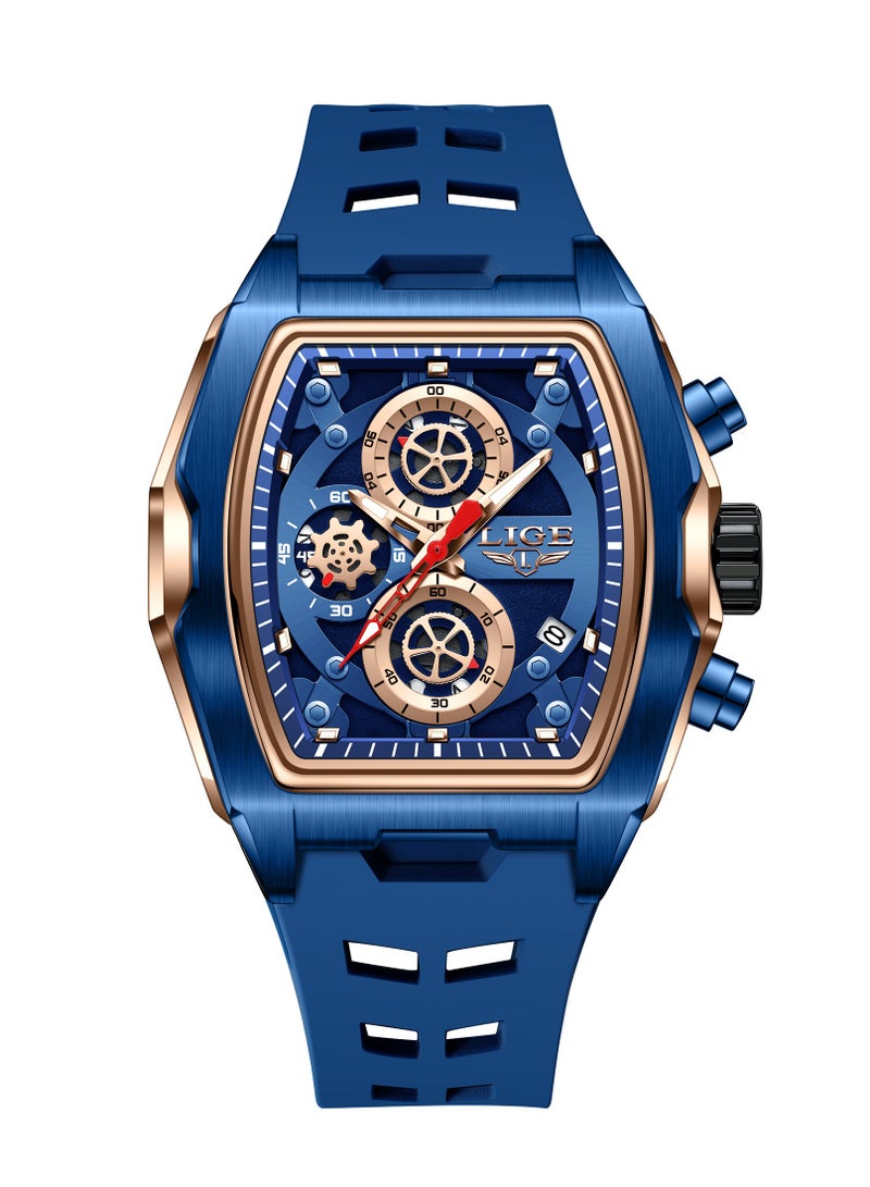 لييج ساعة كرونوغراف أنيقة للرجال للأعمال مقاومة للماء بحزام من السيليكون وميناء متعدد الوظائف باللون الذهبي الوردي والأزرق - Image 1