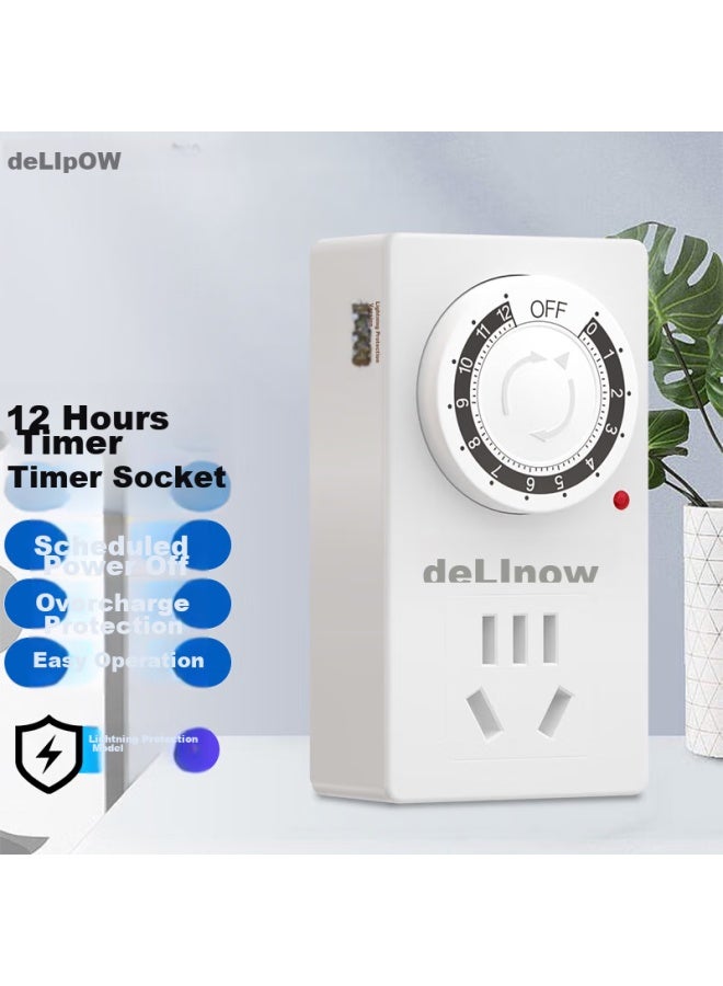 Delipow Lightning Protection Smart Timer Socket, 12-hour Mechanical Timer, Automatic Power-off Socket, For Mobile Phones, Water Heaters, Electric Bicycles, Overcharge Protection - Image 1