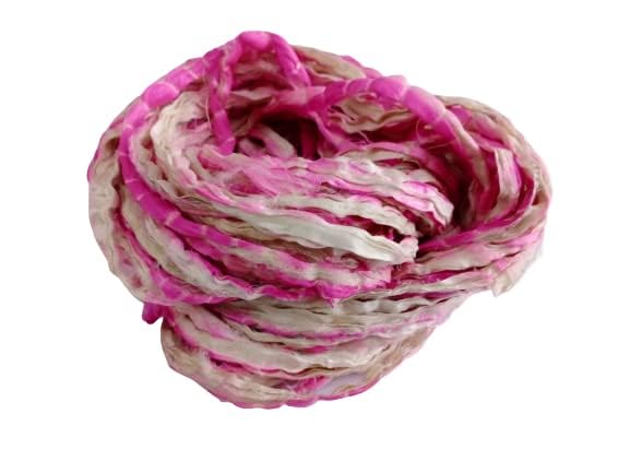 Knitsilk Recycled Shibori Sari Silk Ribbon Yarn-Light Pink|Best for Crochet, Knitting, and embroidery,and jewelry making |Sustainable and Unique texture Ribbon Yarn|50 GMS-30 Yards-Light Pink,Pack of 1| - Image 4