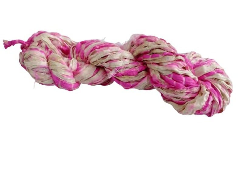 Knitsilk Recycled Shibori Sari Silk Ribbon Yarn-Light Pink|Best for Crochet, Knitting, and embroidery,and jewelry making |Sustainable and Unique texture Ribbon Yarn|50 GMS-30 Yards-Light Pink,Pack of 1| - Image 1