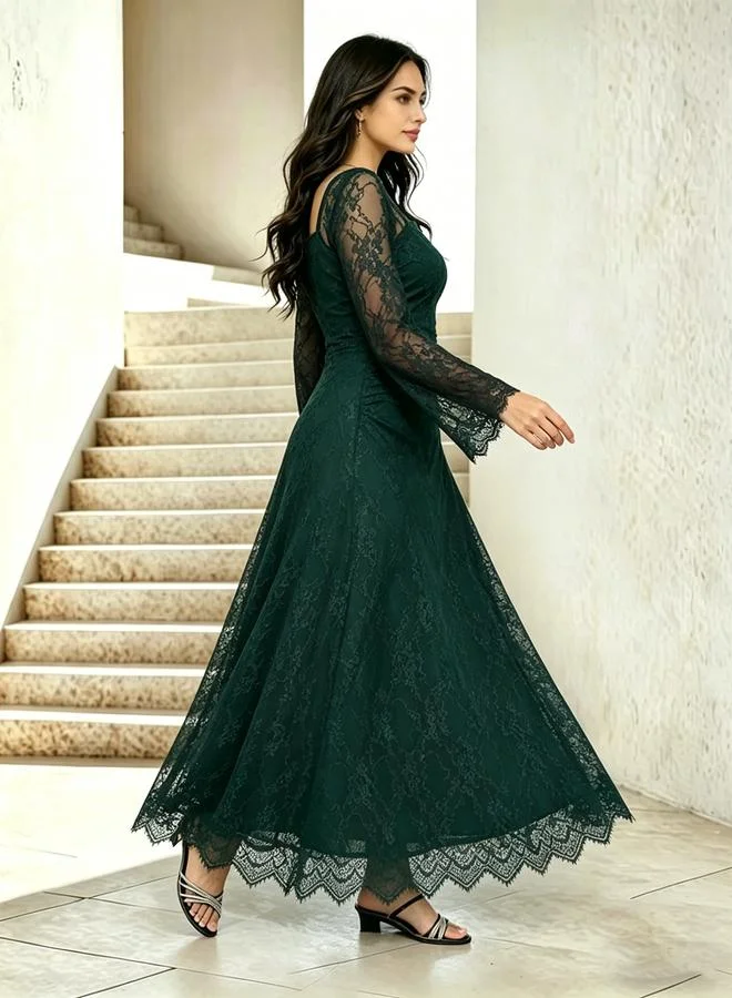 Take Two Dark Green Floral Lace Square Neck Maxi Dress