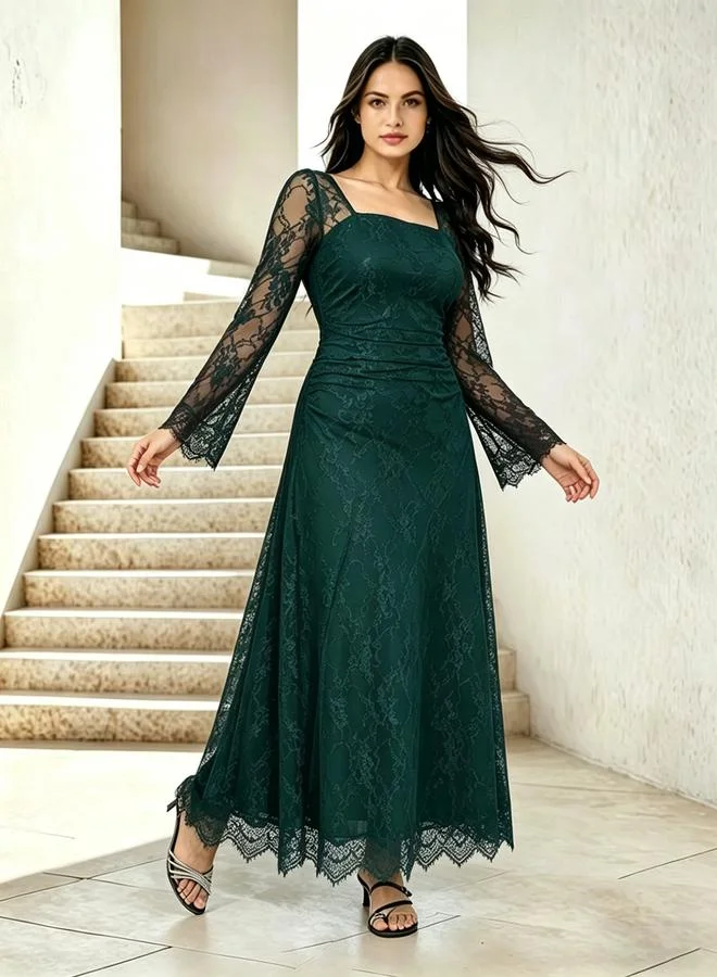 Take Two Dark Green Floral Lace Square Neck Maxi Dress