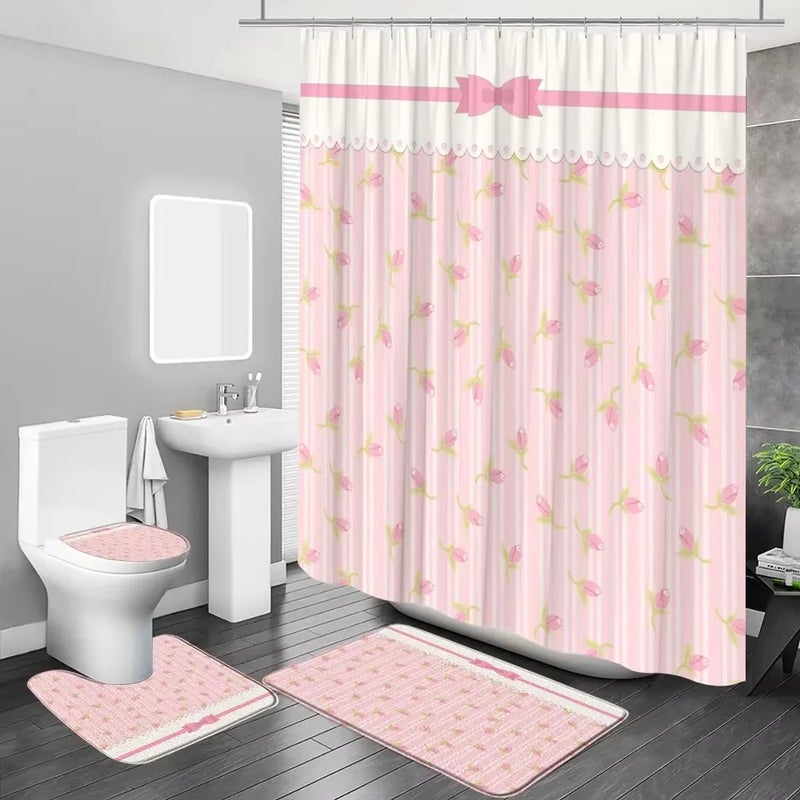 Bluejw pink Bow Shower Curtain Set Waterproof 100% Polyester Bathroom Shower Curtain - Image 5