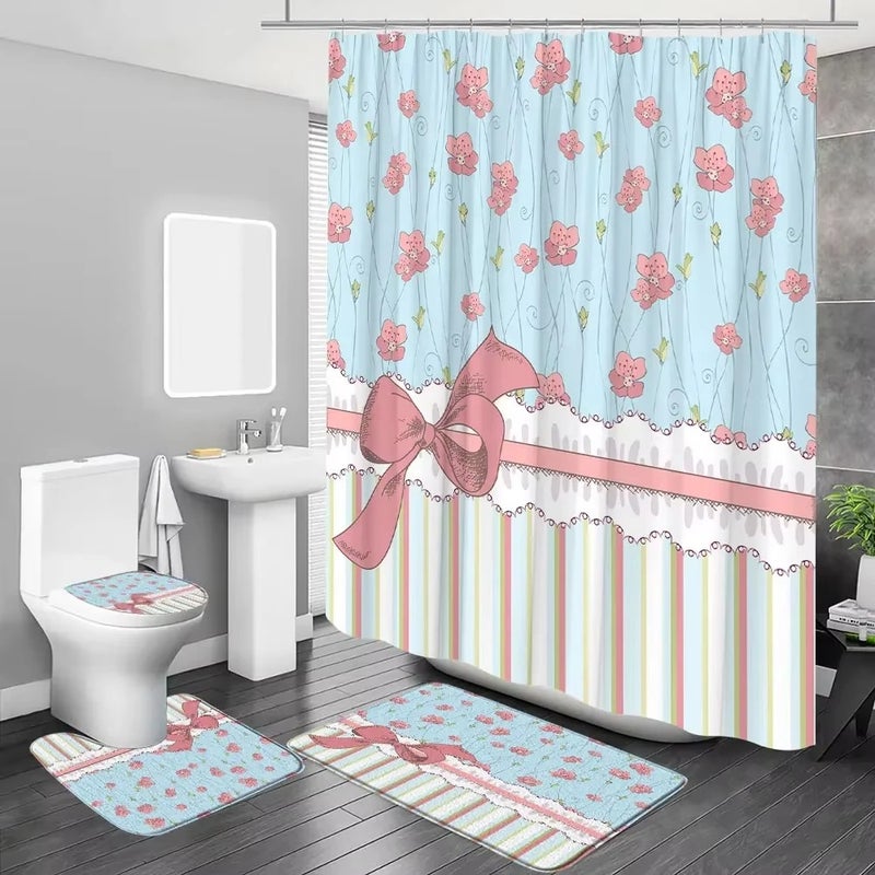 Bluejw pink Bow Shower Curtain Set Waterproof 100% Polyester Bathroom Shower Curtain - Image 1