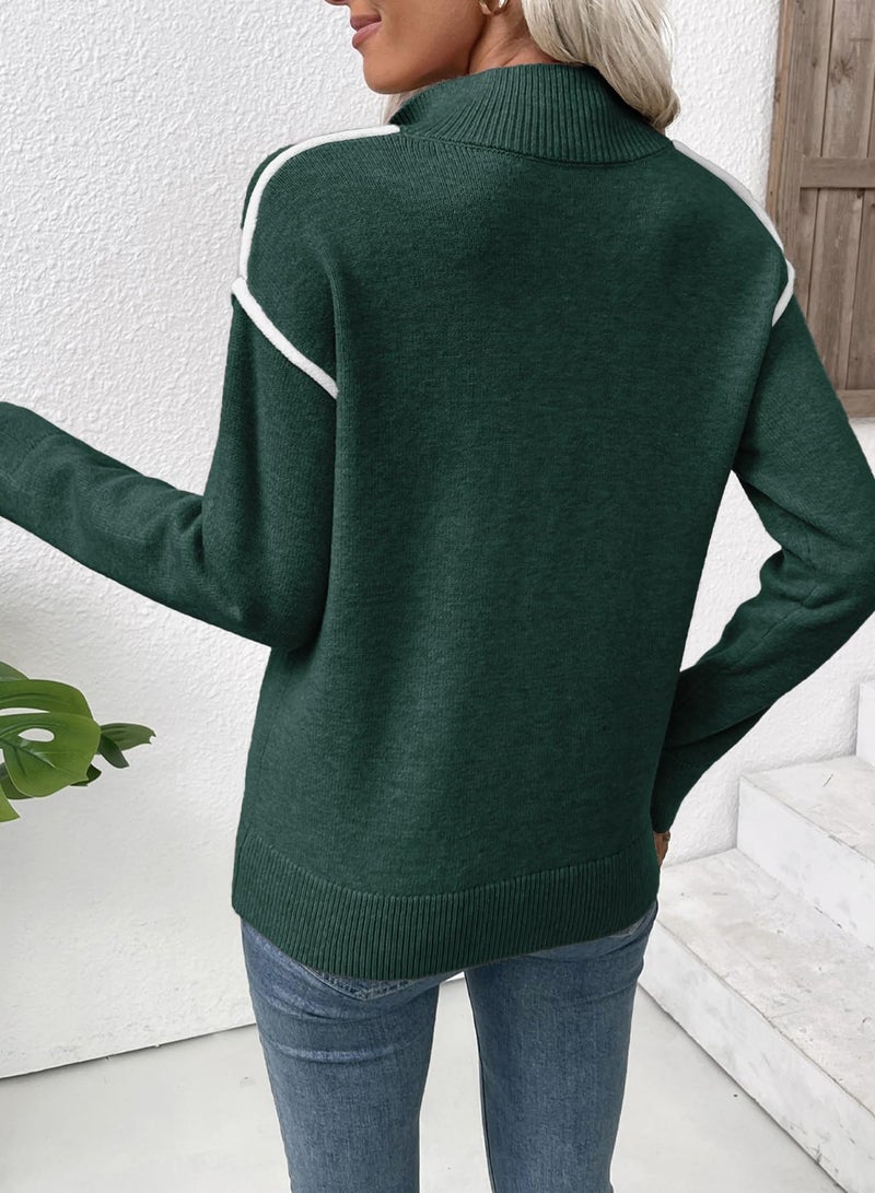 EVALESS Womens Sweaters 2025 Fashion Trendy Fall Oversized Quarter Zip V Neck Collared Long Sleeve Ribbed Knit Dressy Casual Cute Chunky Pullover Tops,Blackish Green Small - Image 3
