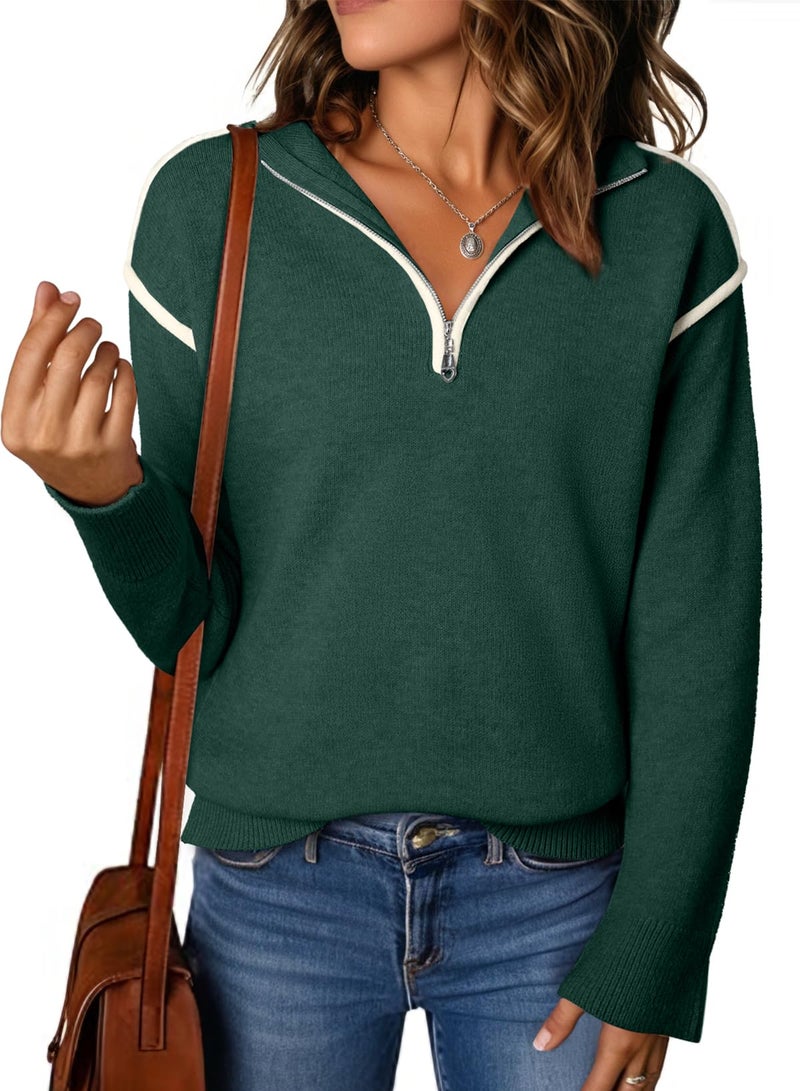 EVALESS Womens Sweaters 2025 Fashion Trendy Fall Oversized Quarter Zip V Neck Collared Long Sleeve Ribbed Knit Dressy Casual Cute Chunky Pullover Tops,Blackish Green Small - Image 1