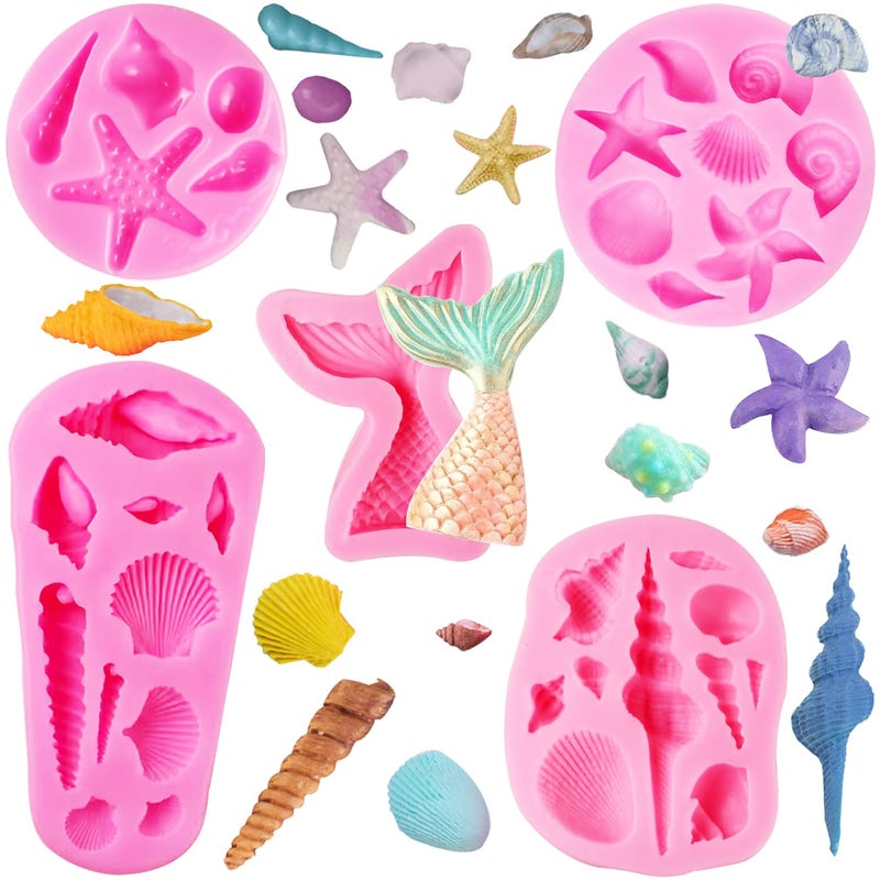 Seashell Silicone Molds AIMEIKI 5 Pack Marine Theme Cake Fondant Silicone Molds Seashell Conch Starfish Baking Molds for Decorating Cake Candy Chocolate DIY Craft Projects