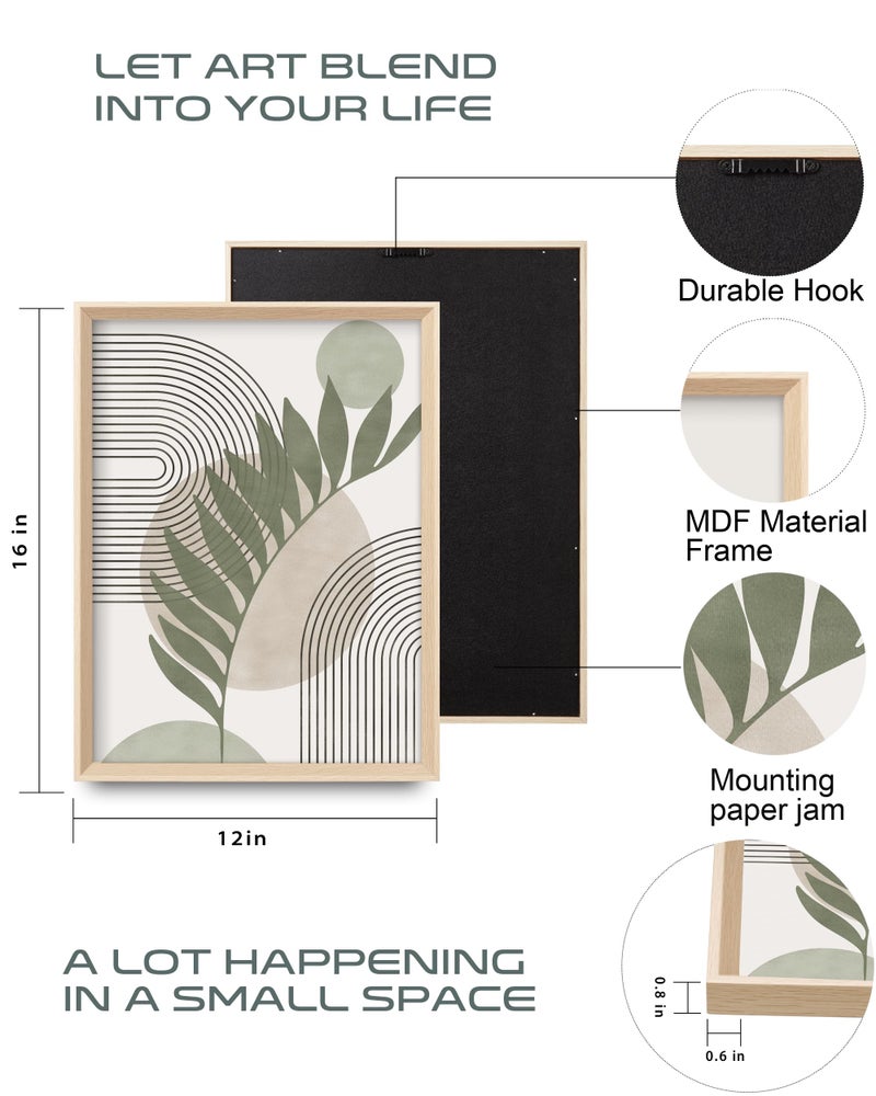 HesenDot Boho Sage Green Framed Wall Art, 12x16in High Framed Design Canvas Prints Wall Decor,Minimalist Abstract Green Poster Home Decoration for Living Room Bedrrom Gallery Office,Set of 3 - Image 2