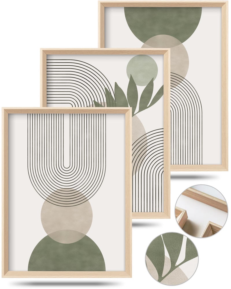 HesenDot Boho Sage Green Framed Wall Art, 12x16in High Framed Design Canvas Prints Wall Decor,Minimalist Abstract Green Poster Home Decoration for Living Room Bedrrom Gallery Office,Set of 3 - Image 1