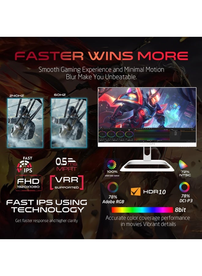 GAMEON 27 Inch Artic Pro Series Gaming Monitor, FHD Fast IPS 240Hz Refresh Rate, 0.5ms MPRT HDMI 2.1, FreeSync & G-Sync Compatible, PS5 Supported | GOA27FHD240IPS white - Image 4