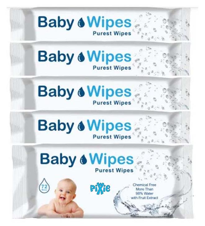 Pixie مناديل مبللة للأطفال أنقى مناديل مبللة للأطفال، 72 قطعة، عبوة من 5 قطع - Image 1