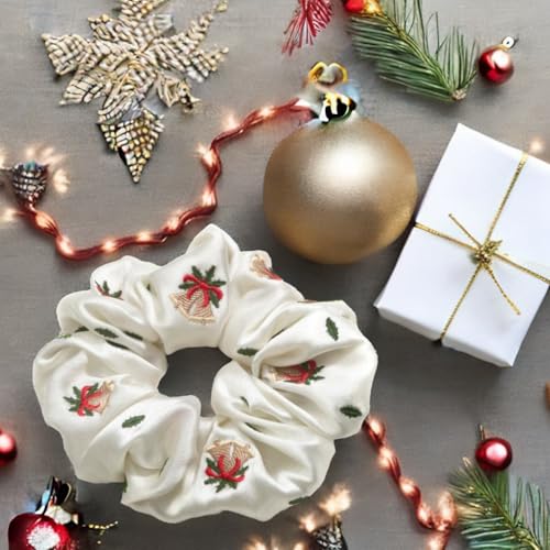 MasQ Satin Scrunchies for Women and Girls - Christmas Embroidered, Soft Elastic Hair Bands | Satin Poly Crepe | Perfect Christmas/Secret Santa gift | Red, White & Black, Pack of 3 - Image 2