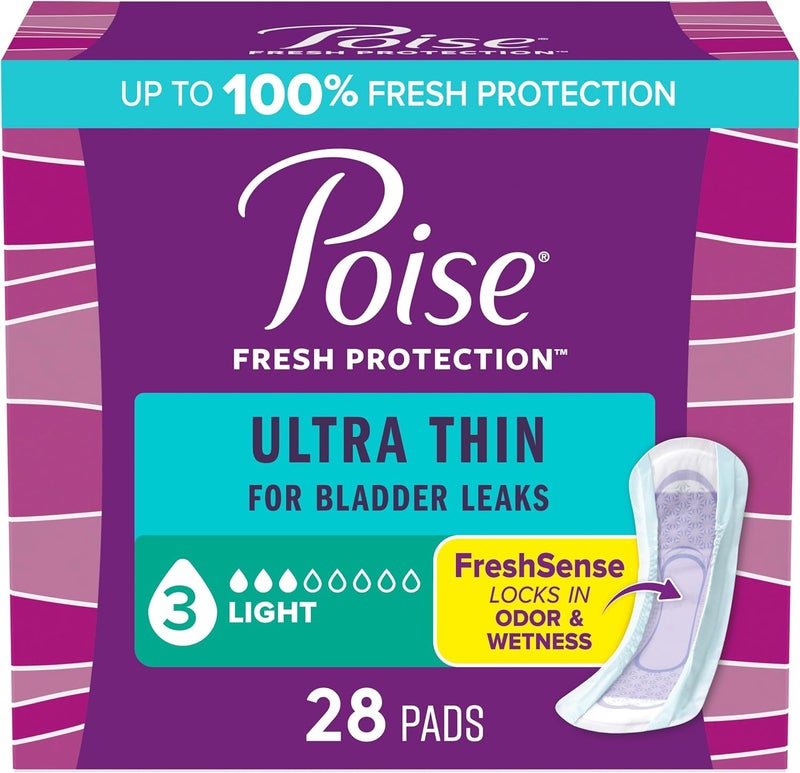 Poise وسادات سلس البول فائقة النحافة وسادات ما بعد الولادة لتسربات المثانة 3 قطرات امتصاص خفيف طول عادي 28 قطعة قد يختلف التعبئة - Image 1