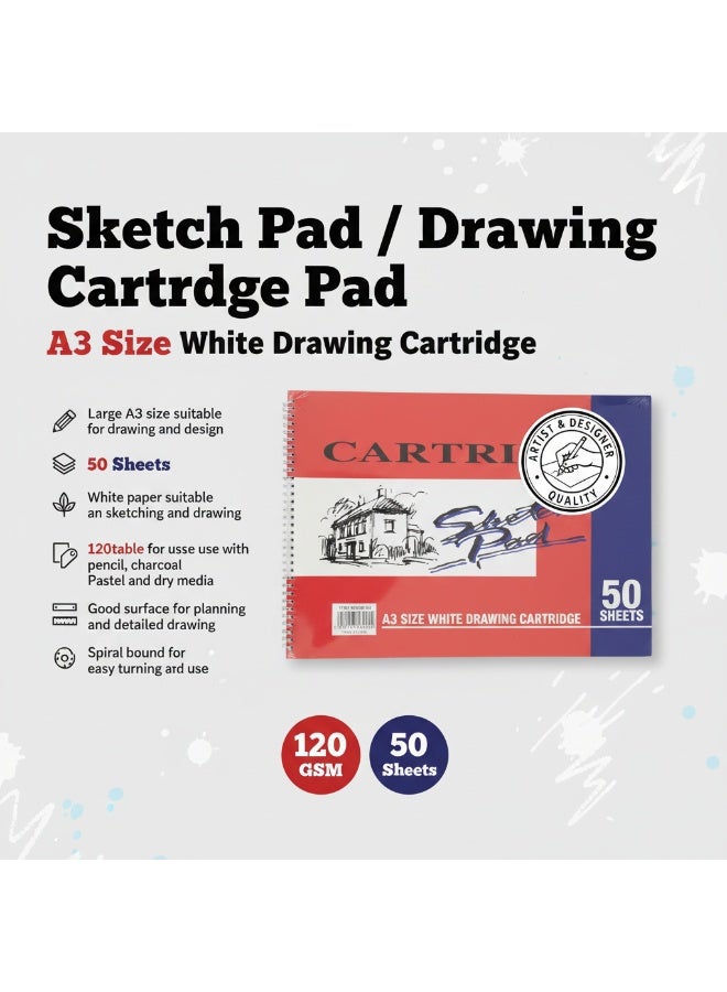 كتاب رسم احترافي مقاس A3 - 50 ورقة ورق رسم خرطوشة ناعمة - كتاب رسم حلزوني للفنان مقاس A3 - ورق أبيض 120 جرامًا للمتر المربع للفنون الجميلة والتصميمات - Image 2
