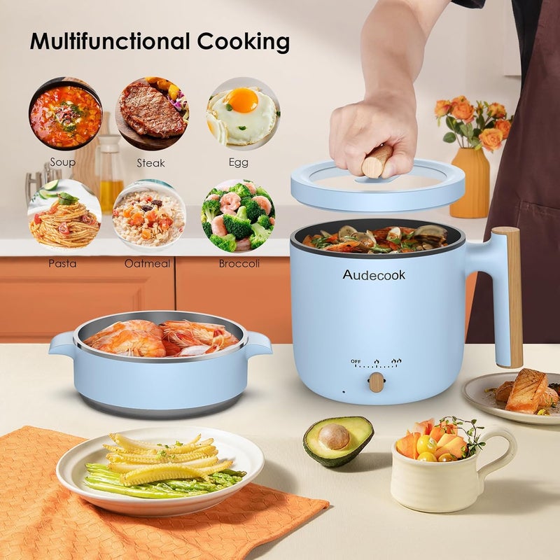 Audecook قدر كهربائي أوديكوك مع مبخرة، سعة 1.8 لتر، طباخ سفر صغير محمول، مقلاة كهربائية متعددة الوظائف غير لاصقة للقلي/الطبخ/البخار، مثالية لنودلز الرامن/المعكرونة/البيض/الحساء/الشوفان (أزرق) - Image 2