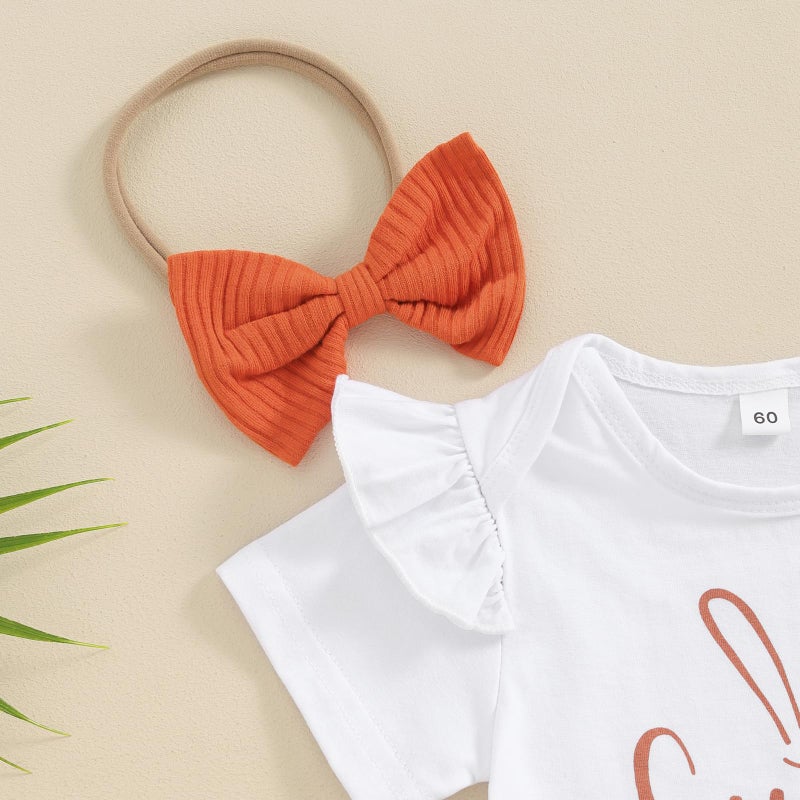 Kuriozud Newborn Baby Girl Easter Outfit Short Sleeve Ruffle Romper Ribbed Tail Pompoms Flare Pants Set Infant Cute Baby Girl Clothes (Cutest bunny, 6-12 Months) - Image 4