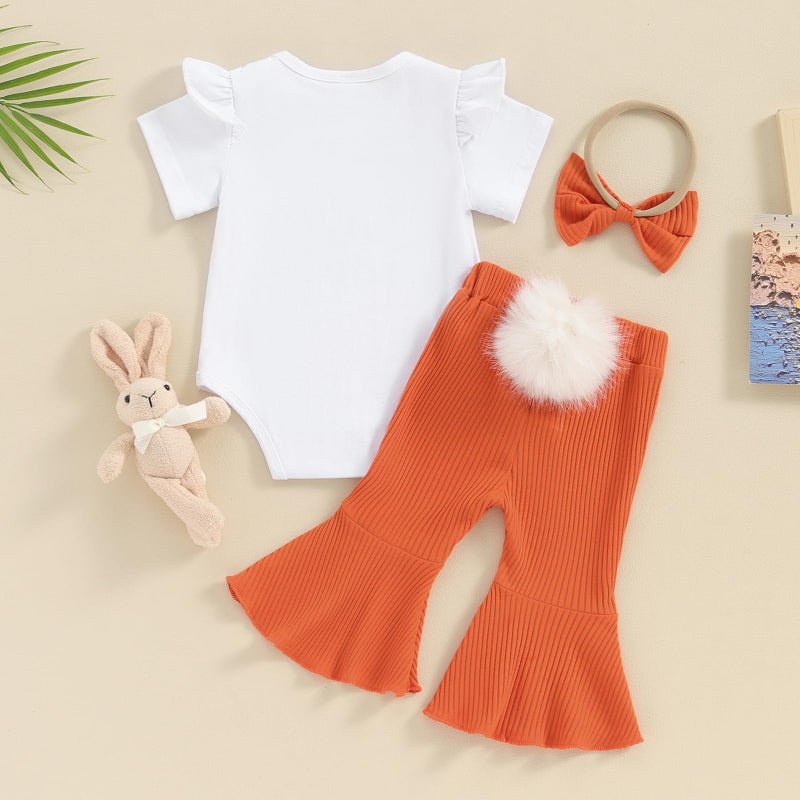 Kuriozud Newborn Baby Girl Easter Outfit Short Sleeve Ruffle Romper Ribbed Tail Pompoms Flare Pants Set Infant Cute Baby Girl Clothes (Cutest bunny, 6-12 Months) - Image 3