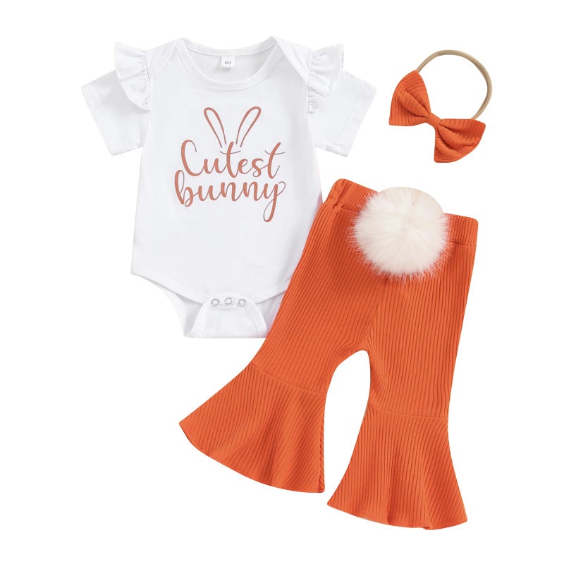 Kuriozud Newborn Baby Girl Easter Outfit Short Sleeve Ruffle Romper Ribbed Tail Pompoms Flare Pants Set Infant Cute Baby Girl Clothes (Cutest bunny, 6-12 Months) - Image 1