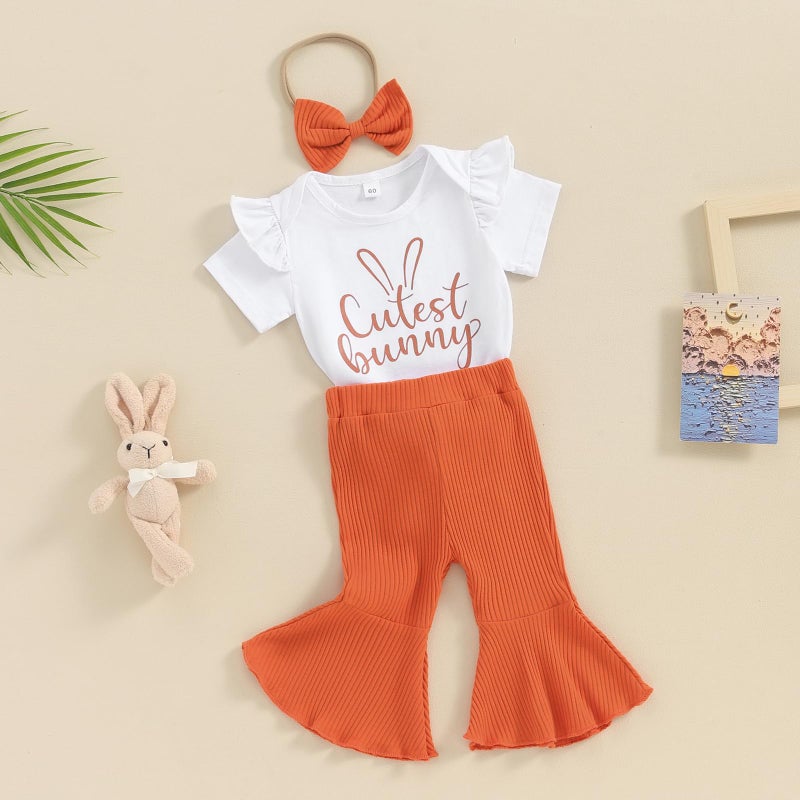 Kuriozud Newborn Baby Girl Easter Outfit Short Sleeve Ruffle Romper Ribbed Tail Pompoms Flare Pants Set Infant Cute Baby Girl Clothes (Cutest bunny, 6-12 Months) - Image 2