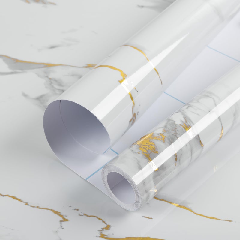 practicalWs Glossy Marble Wallpaper Peel and Stick White/Gold Granite Contact Paper Removable Wall Paper for Kitchen Countertop Cabinet Furniture 17.7" x 196.8" - Image 1