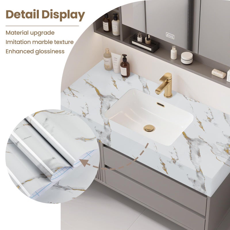 practicalWs Glossy Marble Wallpaper Peel and Stick White/Gold Granite Contact Paper Removable Wall Paper for Kitchen Countertop Cabinet Furniture 17.7" x 196.8" - Image 4