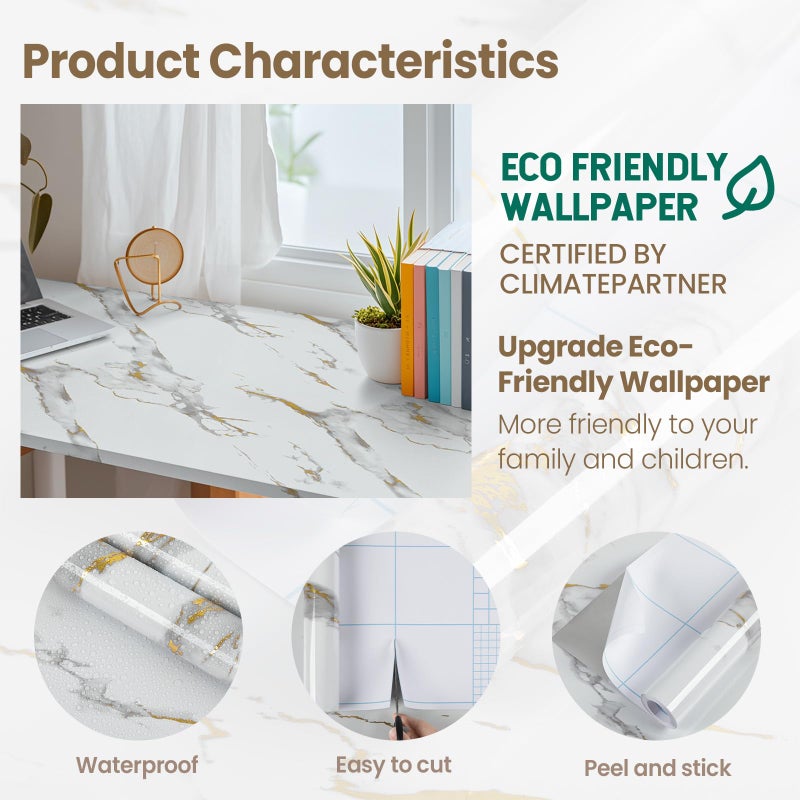 practicalWs Glossy Marble Wallpaper Peel and Stick White/Gold Granite Contact Paper Removable Wall Paper for Kitchen Countertop Cabinet Furniture 17.7" x 196.8" - Image 3